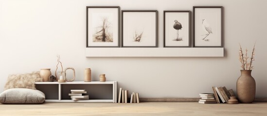 Three framed pictures hanging on the wall above a wooden table, showcasing various memories and moments captured in photographs