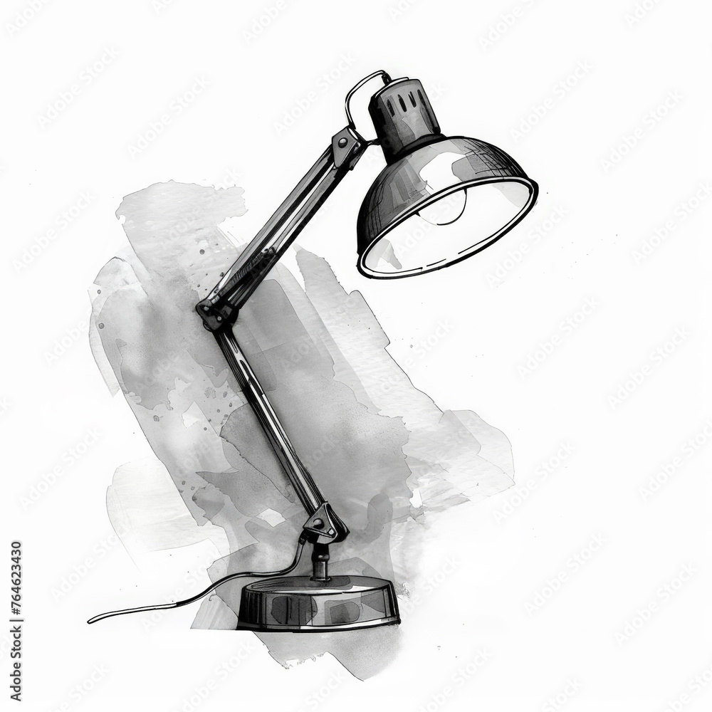 Poster monochromatic sketch of an adjustable desk lamp with a clean background, ideal for articles about in