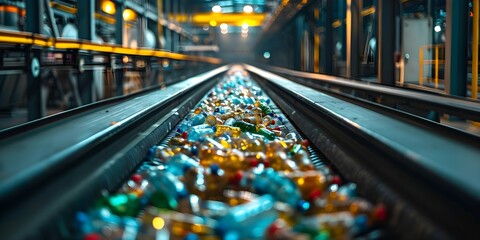Factory conveyor belt with waste bottles moving through recycling facility process. Concept Waste Management, Recycling Process, Conveyor Technology, Sustainability Practices, Industrial Recycling - obrazy, fototapety, plakaty