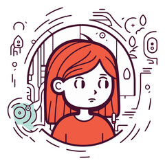 Vector illustration of a sad girl in the bathroom. The girl is sad.
