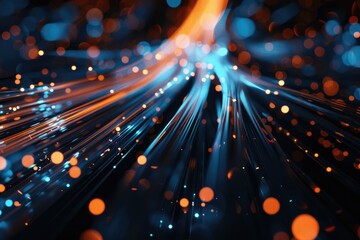Obraz premium Dynamic fiber optic cables with glowing lights symbolize high-speed data transfer and the connectivity of modern digital communication - AI generated