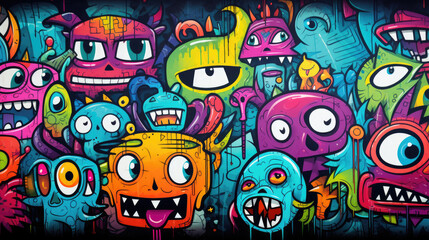 Obraz na płótnie Canvas Abstract grunge urban pattern with monster character, Super drawing in graffiti style, bright vibrant retro colors, blue, pink, orange and purple, multicolors background.