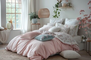 Fototapeta na wymiar A minimalist kids' bedroom with a palette of soft pastel tones