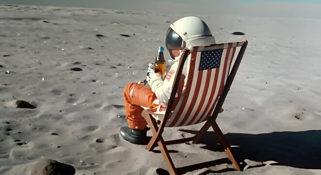 Rear view of a lunar astronaut holding a beer bottle while resting on a beach chair on the surface of the Moon, enjoying the view of Earth.