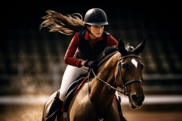 horse and a female jockey are fighting for first place on the hippodrome, horse racing concept