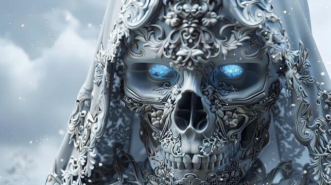 The skull is ornately decorated with an elaborate floral and baroque filigree design, day of dead concept. 