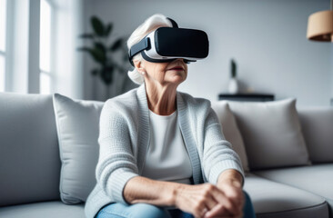 Obraz premium Elderly woman wearing virtual reality VR glasses on the sofa at home. Leisure for pensioners of the new generation.