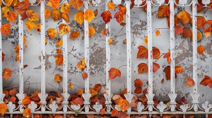 chain-link barrier captures autumn leaves with reflection on wet pavement