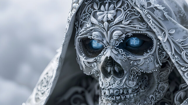 The skull is ornately decorated with an elaborate floral and baroque filigree design, day of dead concept. 