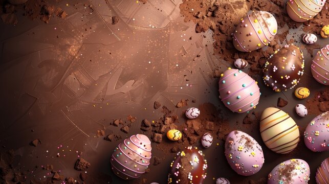 Easter wallpaper with chocolate eggs on a brown background