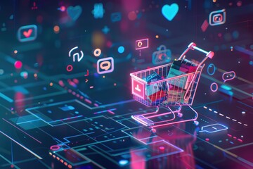 Futuristic shopping experience with a neon-lit smart cart full of goods, surrounded by floating digital icons in a virtual grocery store - AI generated