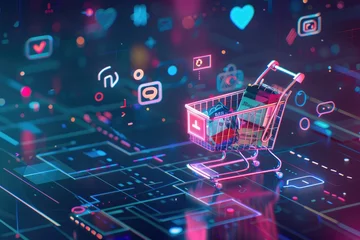 Papier Peint photo Lavable Pleine lune Futuristic shopping experience with a neon-lit smart cart full of goods, surrounded by floating digital icons in a virtual grocery store - AI generated