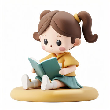 3d render icon of girl reading cartoon plastic generated AI