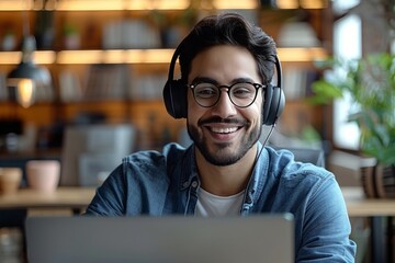 smiling young man with laptop and headphones at work