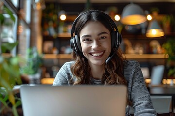smiling young woman with laptop and headphones at work