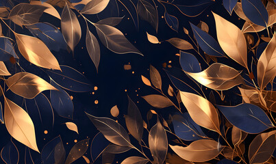 Elegant golden and blue leaf banner on black background, Generative AI 