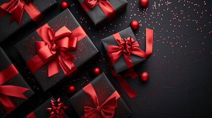 A striking display of assorted gifts beautifully wrapped in black and red paper, ready to be unwrapped during a festive occasion