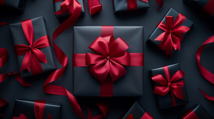 Fototapeta na wymiar A grouping of beautifully wrapped presents with vibrant red and sleek black ribbons capturing the essence of the holiday season