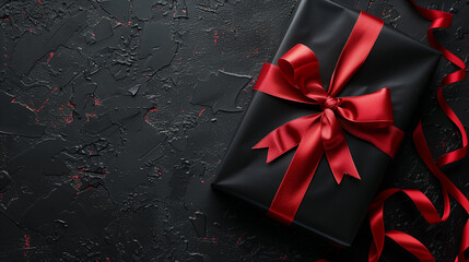 A luxurious gift adorned in sleek black paper and a vibrant red ribbon, awaiting to be unveiled with anticipation