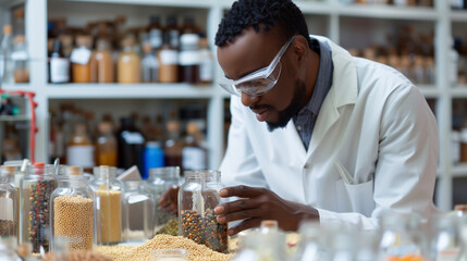 Researcher analyzing agricultural grains and legumes in the laboratory: - obrazy, fototapety, plakaty