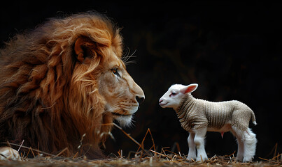 Profile of lion and white lamb isolated on black background, illustrating the contrast between power and vulnerability. Suitable for wildlife or spiritual themes. - obrazy, fototapety, plakaty