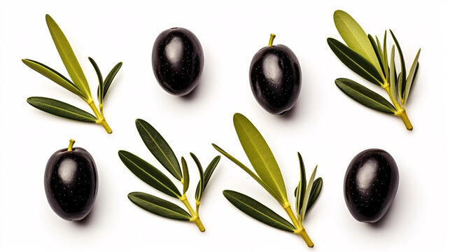 Black olives with leaves isolated on white background. Top view. Flat lay pattern.