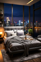 Bedroom interior in modern apartment with night city view.