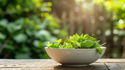 lettuce leaves in a white bowl on a nature background