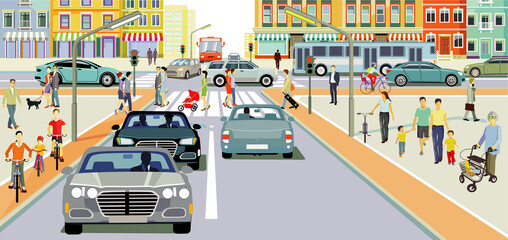 Stadtsilhouette mit Personen auf dem Zebrastreifen und Straßenverkehr, Illustration - 764626027