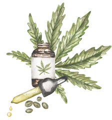 Marijuana and cannabis oil drop watercolor illustration, Green Marijuana Leaves and bootle, Cannabis leaf composition - 764626037