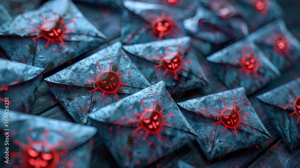 Poster email inbox filled with spam messages with a warning icon for potential threats