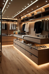 Wardrobe with wooden furniture in modern apartment.