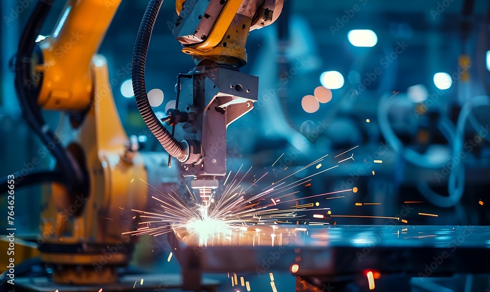 Poster robotic precision, close-up on automated welding in modern manufacturing