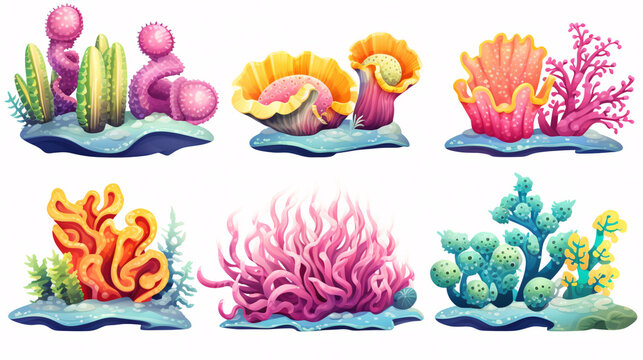 Set of cartoon sea plants on white background. Cactuses, algae, corals and algae.