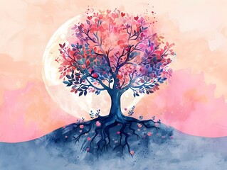 Enchanting Pastel Tree with Celestial Roots Embracing the Earth's Heart