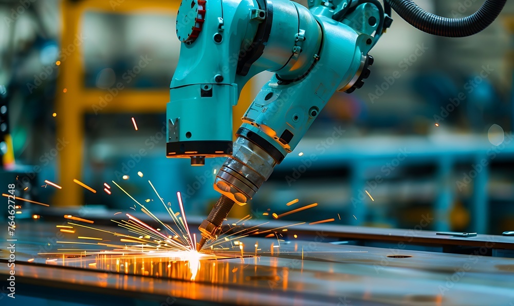 Poster robotic precision, close-up on automated welding in modern manufacturing