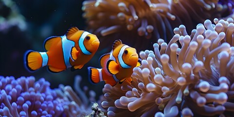 Fototapeta na wymiar Vibrant Clownfish Family Exploring Whimsical Anemone Habitat in Stunning Underwater Realm