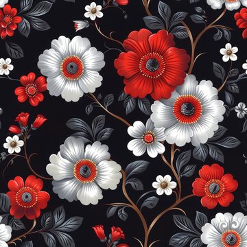 Red, white, and black delicate, seamless floral pattern 