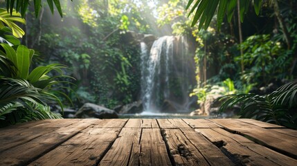  Empty wooden table top with jungle landscape with waterfall