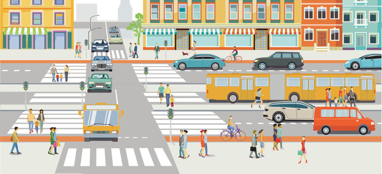 Gro&szlig;stadt Stadtsilhouette mit Stra&szlig;enverkehr und Fu&szlig;g&auml;nger auf dem Zebrastreifen, Illustration