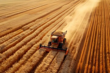 A combine harvester in a golden wheat field during harvest showcasing agricultural machinery at work. Concept Agricultural Machinery, Harvest Season, Wheat Fields, Golden Harvest, Combines
