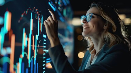 Focused businesswoman analyzing interactive financial charts on a touchscreen, involved in strategic planning and data analysis - AI generated - obrazy, fototapety, plakaty