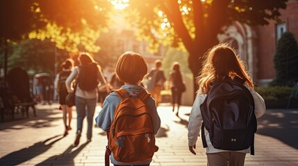 A group of elementary school students walking to school, rear view. - obrazy, fototapety, plakaty
