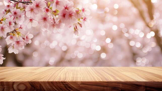 Empty wooden table with Sakura cherry blossoms on blur background
