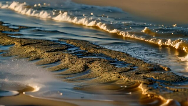 Video animation of mesmerizing view of waves gently crashing onto the shore, illuminated by the golden hues of the setting sun. The scene exudes tranquility and natural beauty