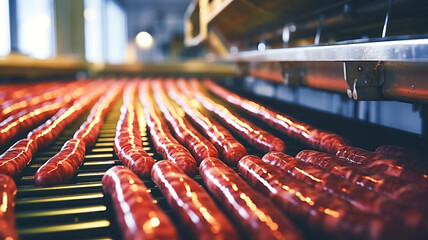 Photo of a conveyor belt appetizing grilled sausages with hot dogs. Industrial production of sausage and meat in a modern plant.
 - obrazy, fototapety, plakaty