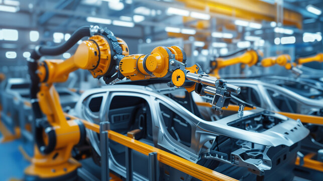 The robotic arm of the car production plant is working:: 