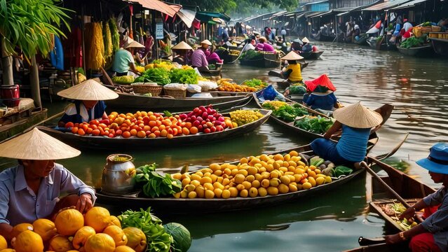 Video animation of bustling river market with several vendors in boats. Each boat is filled with colorful fruits and vegetables displayed for sale