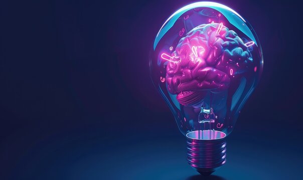 Conceptual image of a glowing brain inside a light bulb, representing innovation, creativity, and cognitive processes - AI generated