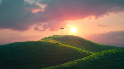 Cristian cross on top of a green hill at sunset, depicting a peaceful and serene religious scene